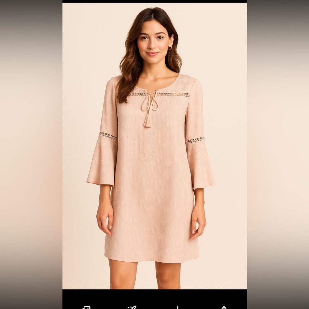 LOFT Outlet Petite Bell Sleeve Shift dress | Blush Pink Geometric Jacq | Size SP
